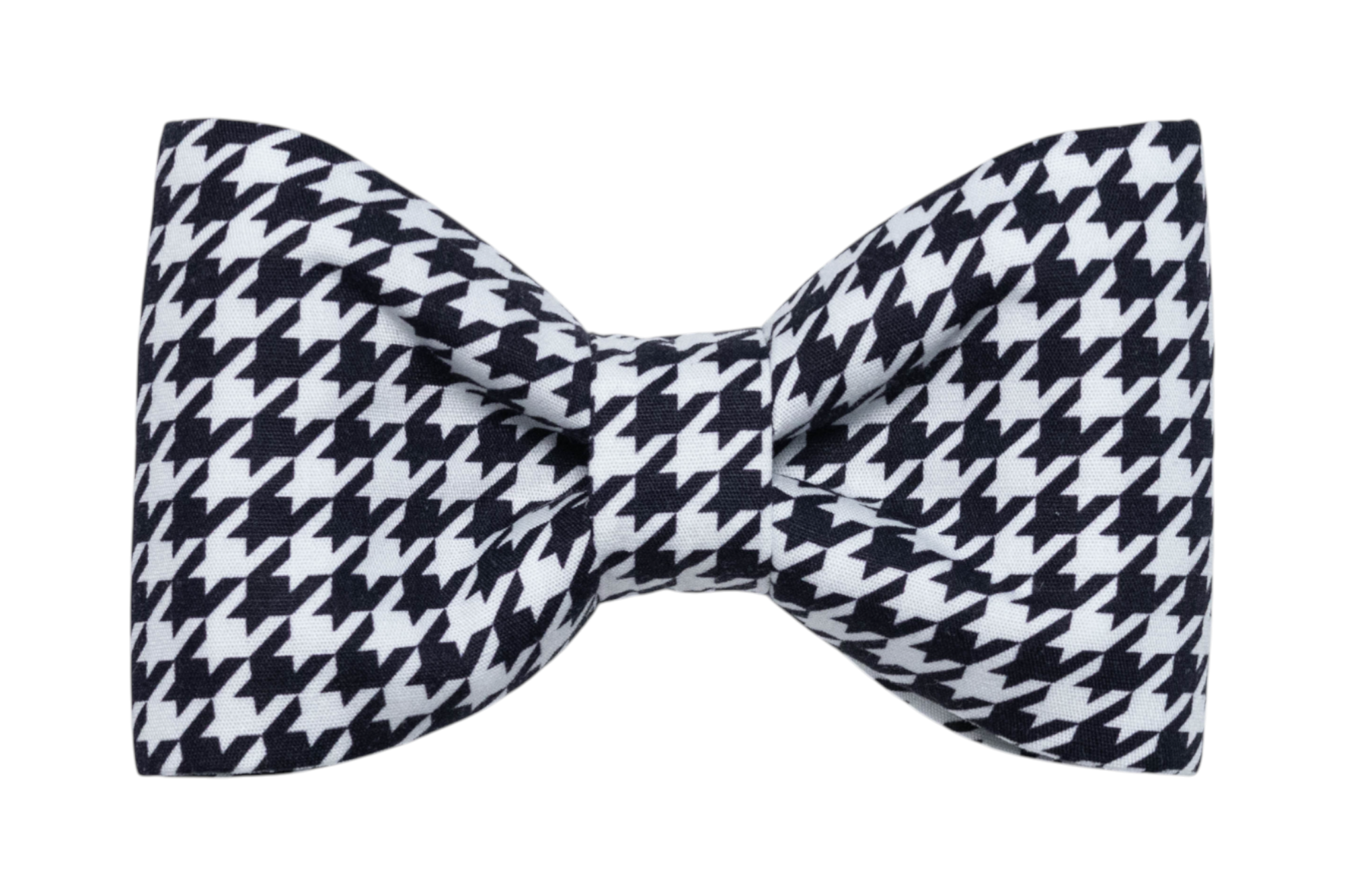 Dog bow tie in a traditional shape featuring an all-over black and white houndstooth pattern. The sharp edges and balanced construction offer a sleek, preppy touch ideal for special events or fall strolls.