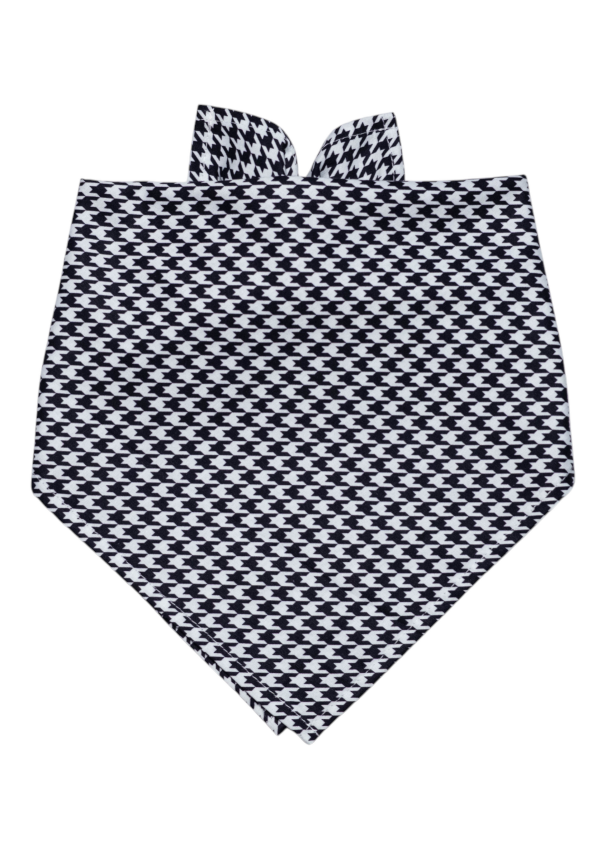Classic dog bandana in a bold black and white houndstooth print, tied in a traditional triangle shape. The fabric appears smooth and lightweight, making it a comfortable and stylish accessory for pets with a preppy or elegant wardrobe.
