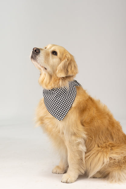 Stylish dog bandana in a bold black & white houndstooth pattern, tied comfortably around the neck and designed to add a timeless, fashion-forward touch to any pup’s outfit.