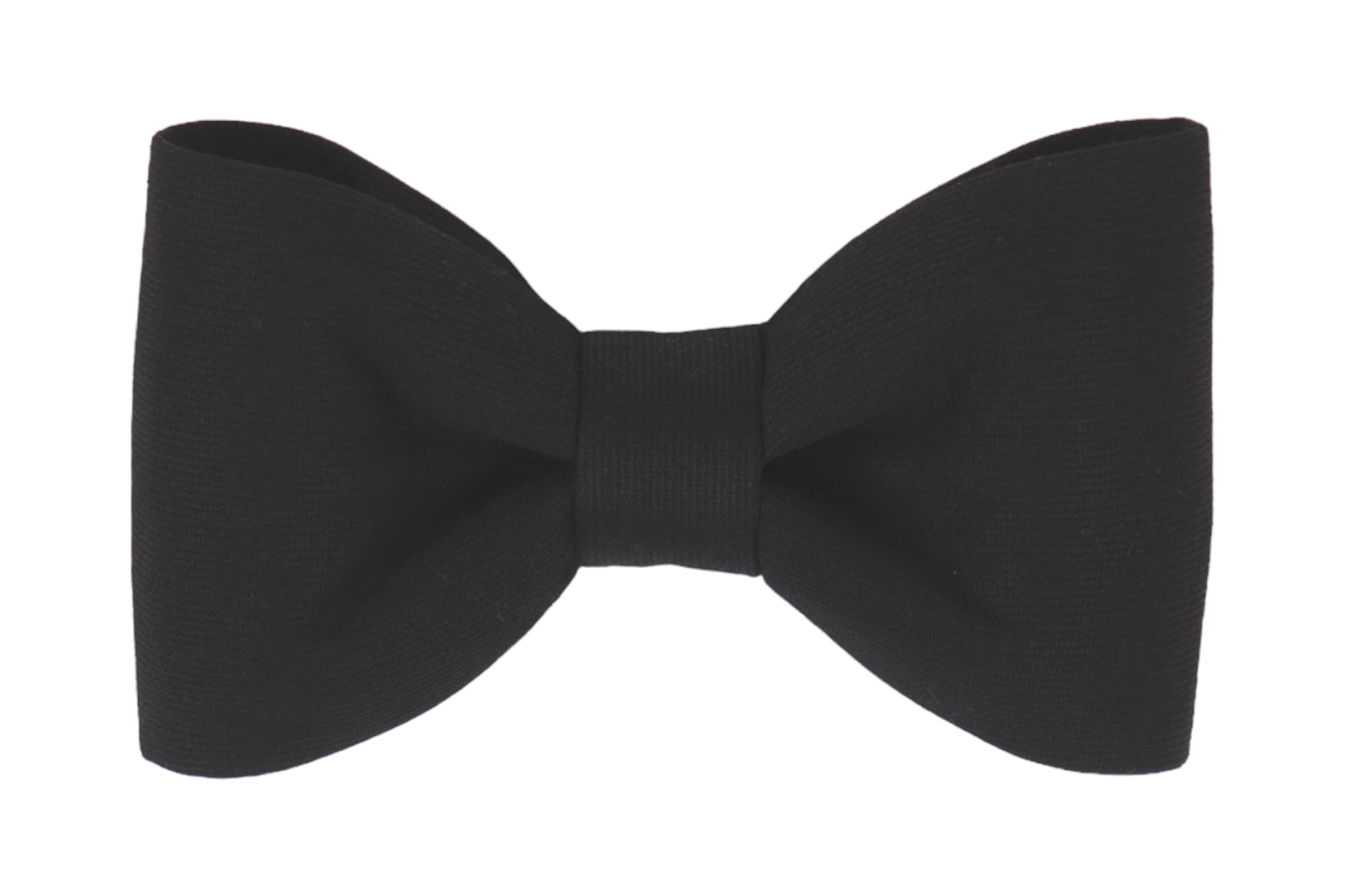 Elegant black fabric bow tie for your best pup, with a smooth, structured appearance, centered on a white background for clear contrast.