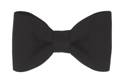Elegant black fabric bow tie for your best pup, with a smooth, structured appearance, centered on a white background for clear contrast.