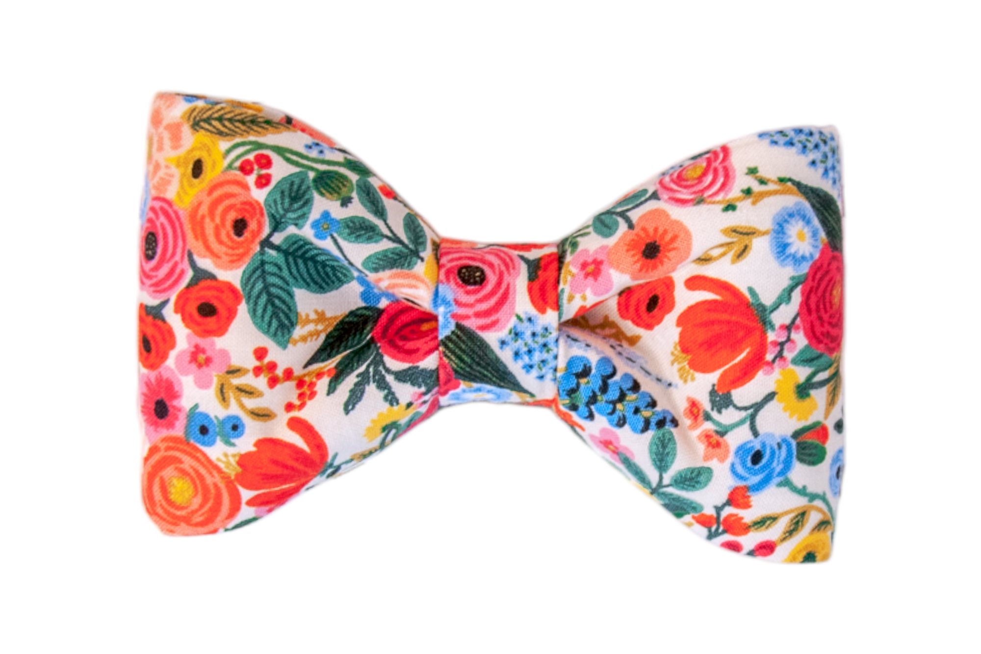 Bright and cheerful, this floral dog bow tie is a burst of springtime joy in shades of pinks, blues, greens, yellows.  