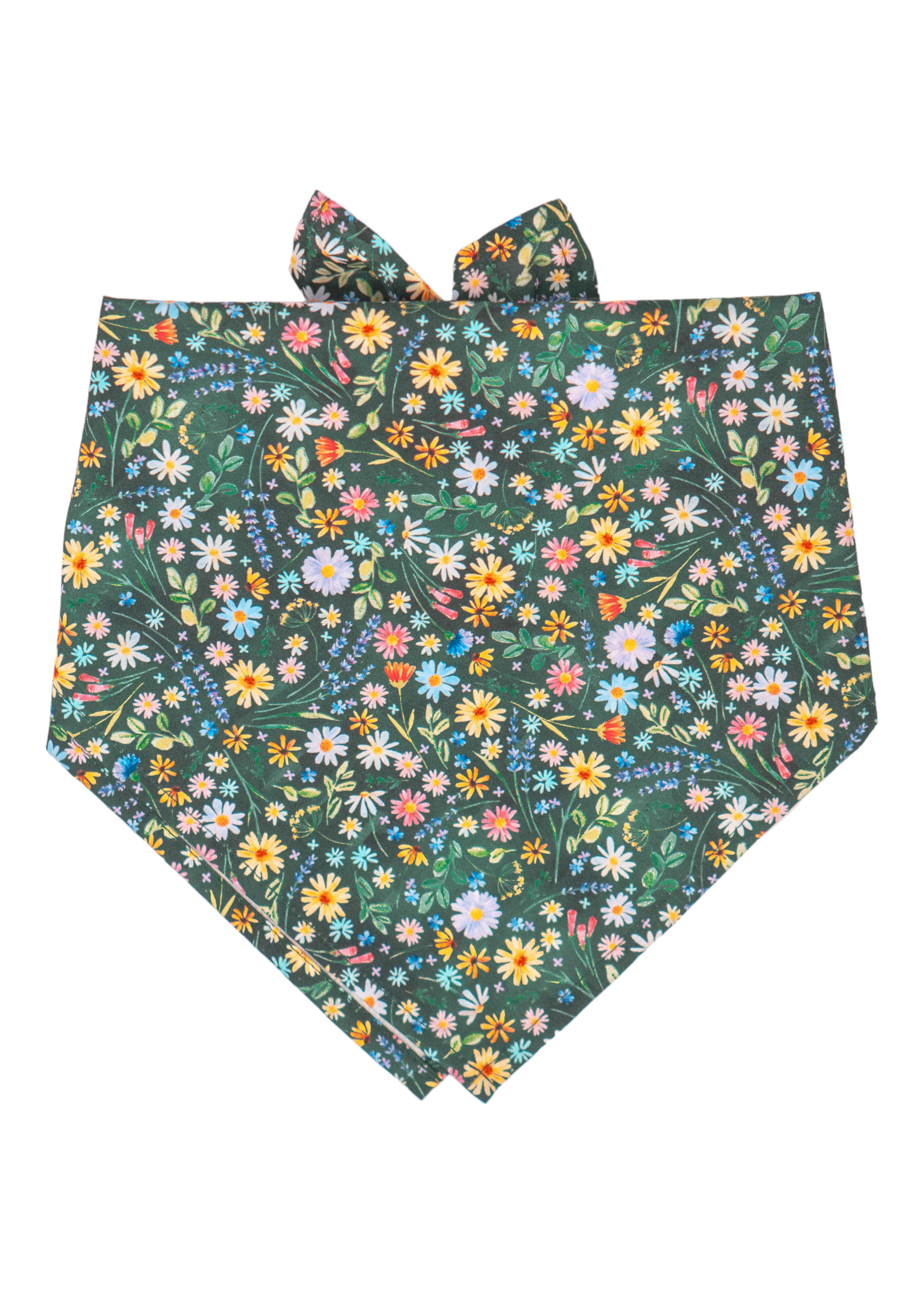Forest green bandana covered in a cheerful scatter of wildflowers in vibrant hues of yellow, blue, pink, orange, and white.