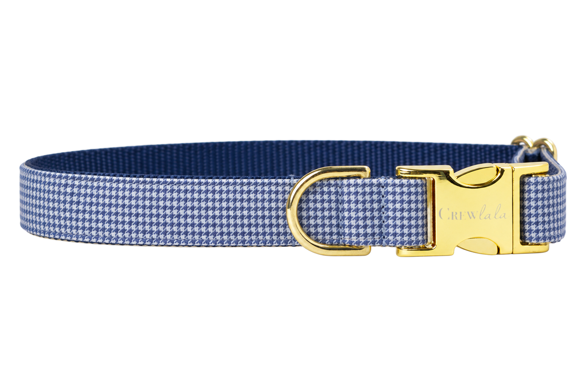 Plain Blue Houndstooth dog collar without the bow, made with a fine periwinkle blue and white mini houndstooth check, lined with navy blue nylon webbing and gold hardware with a Crewlala logo buckle.