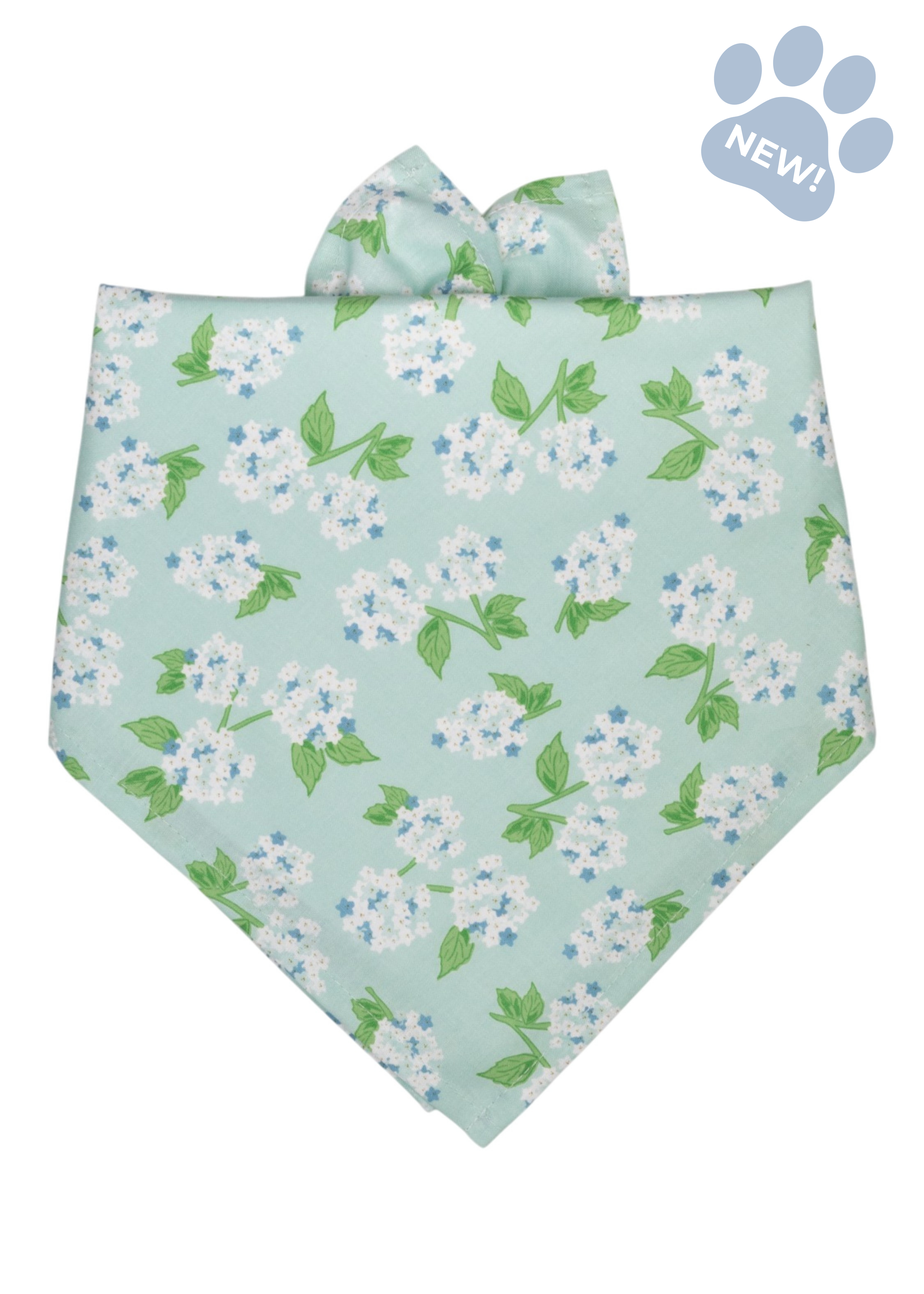 Hydrangea-print dog bandana featuring a soft mint blue background with white hydrangea blooms, blue floral accents, and green leaves, styled in a classic triangular slip-on design.