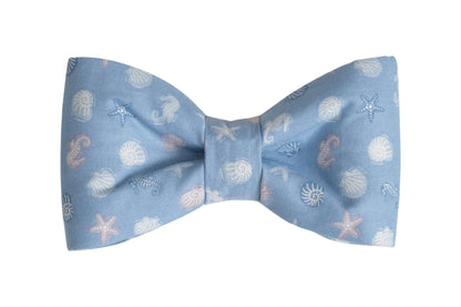 Light blue dog bow tie with a delicate seashell and starfish pattern in soft white and pastel tones.