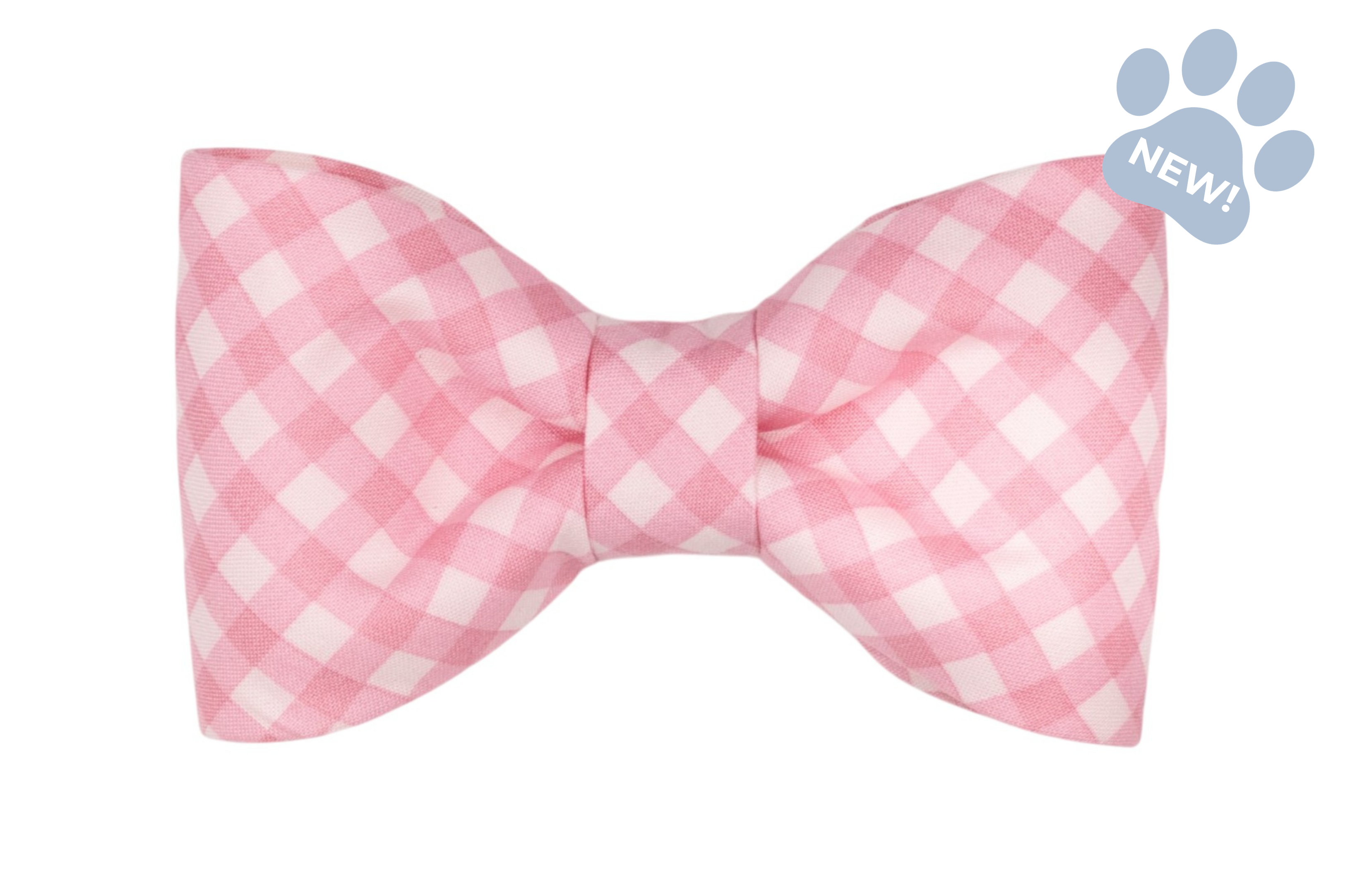 Dog bow tie in pastel pink gingham fabric with neatly structured loops and a matching center knot for a polished look.