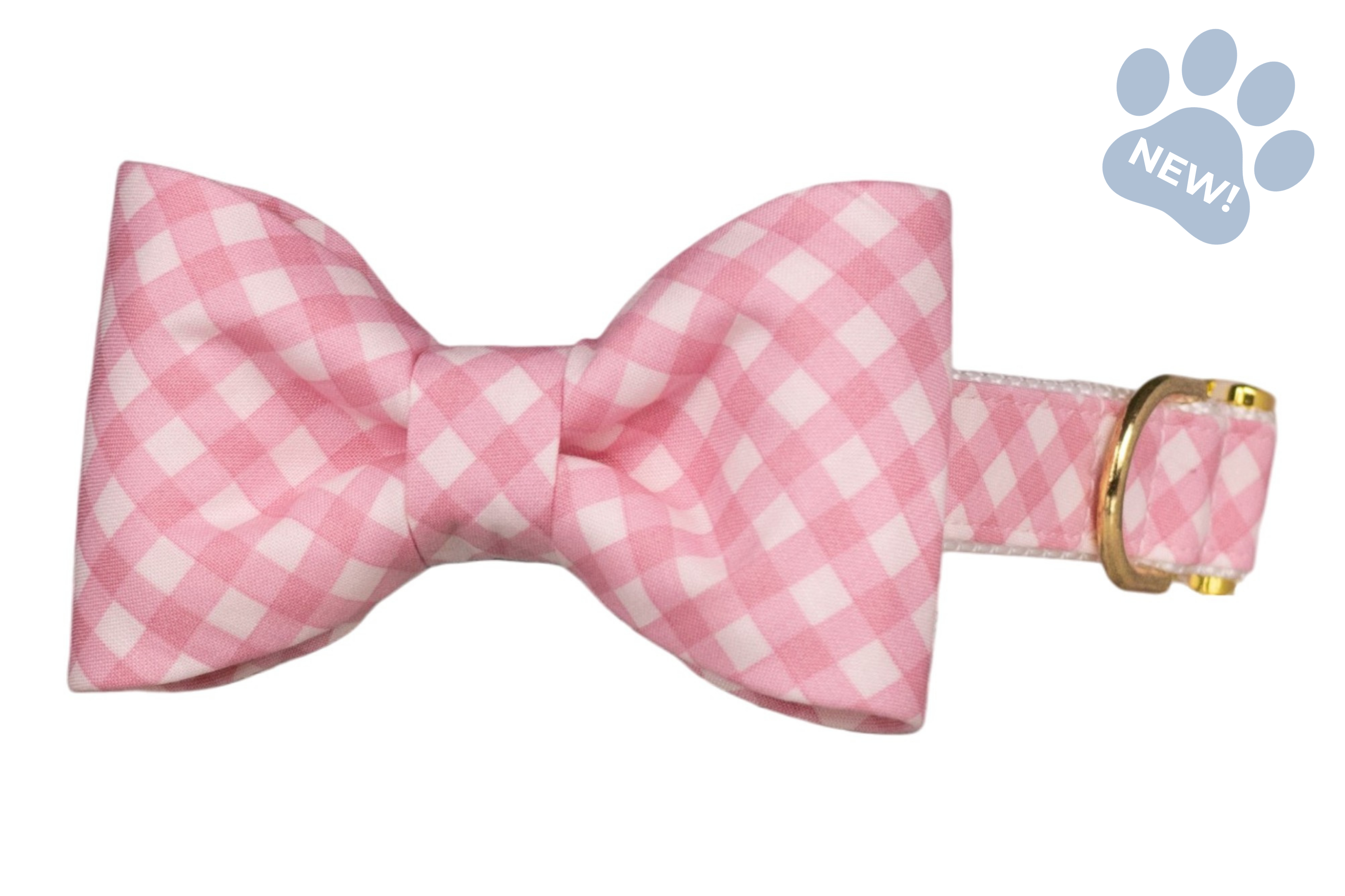 Dog collar with a pink-and-white gingham bow tie, paired with a coordinating adjustable collar and gold-colored metal hardware.