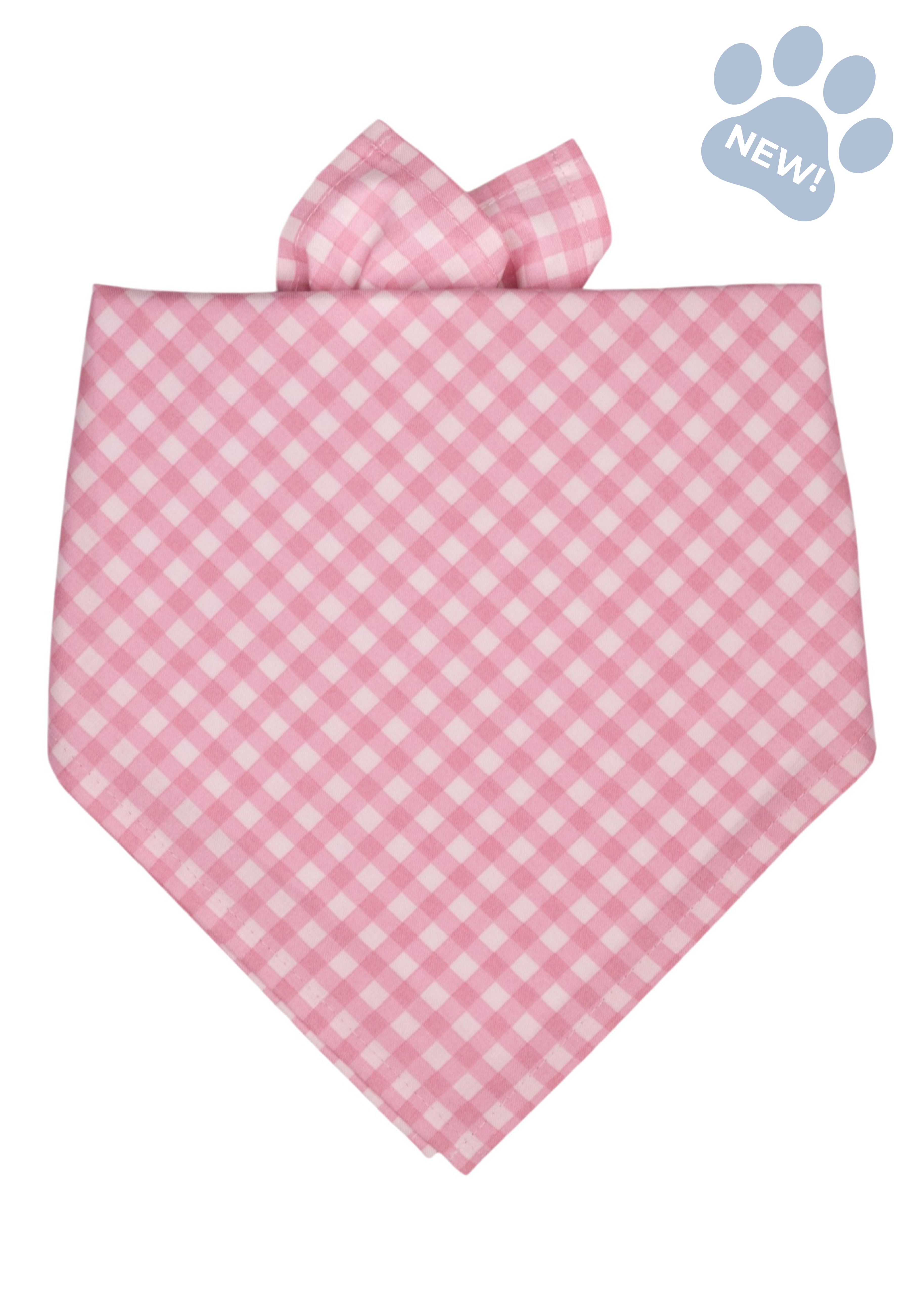 Tie-on dog bandana in a soft pink gingham print with white checks, styled in a classic triangular shape
