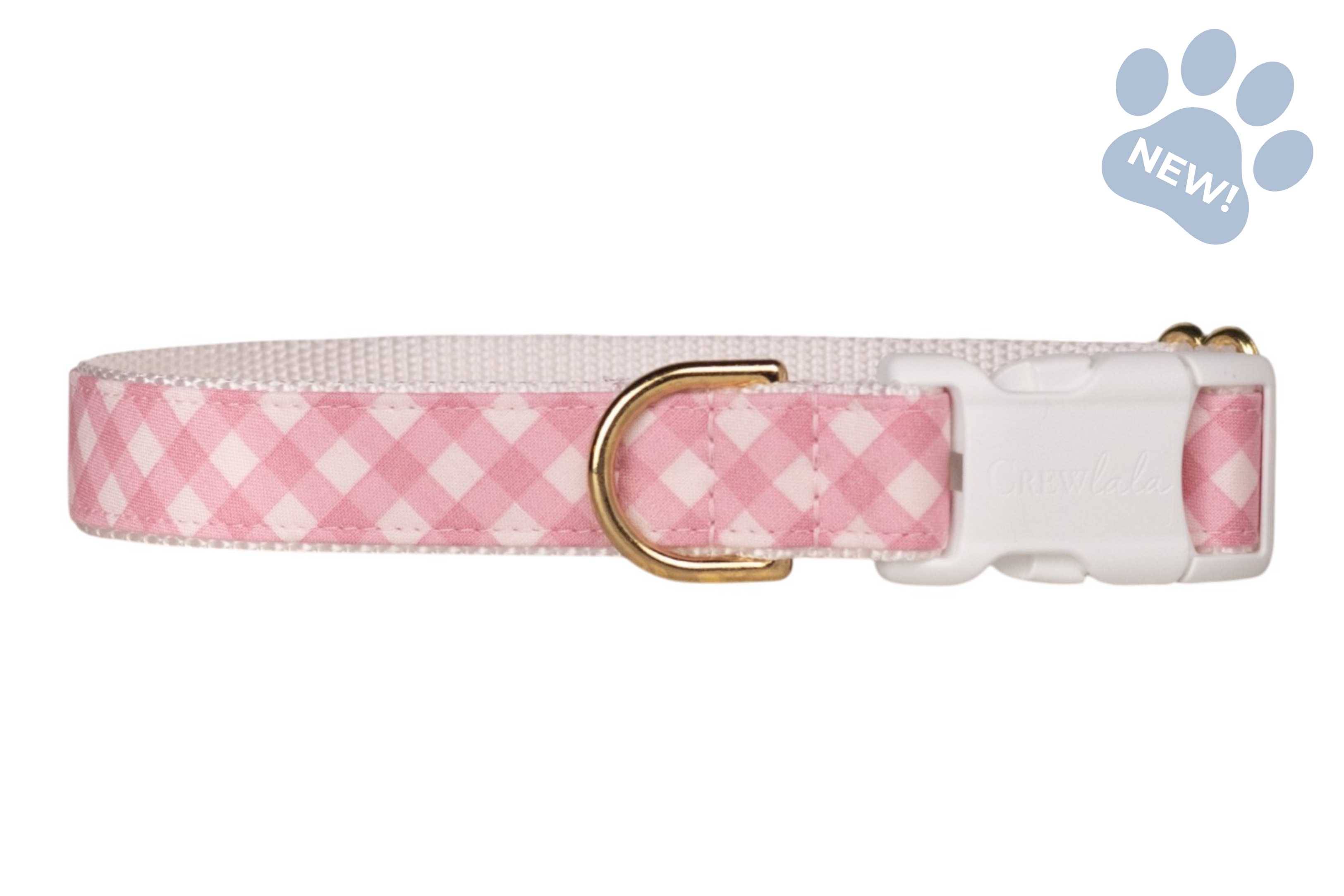 Pastel pink and white gingham dog collar with an adjustable fit, sturdy white plastic buckle, and clean white backing, displayed against a white background.