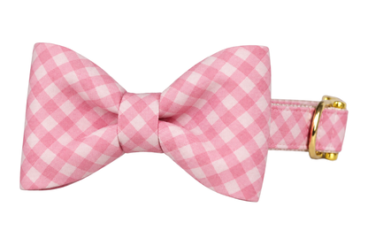 Classic dog collar featuring a Blush and Bashful Picnic Plaid fabric bow tie, a soft blush pink and white gingham check, attached to a matching Blush and Bashful Picnic Plaid collar with a nylon inner lining and gleaming gold hardware, including a D-ring and buckle.