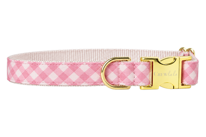 Plain Blush and Bashful Picnic Plaid dog collar without the bow, made with a soft blush pink and white gingham check, lined with very pale blush pink (almost white) nylon webbing and gold hardware with a Crewlala logo buckle.