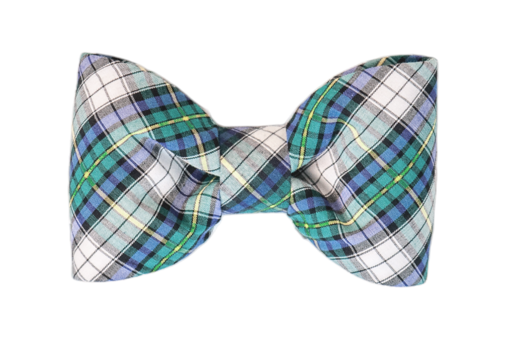 Classic tartan plaid dog bow tie in hues of green, blue, white, and yellow—perfect for a touch of Scottish charm.