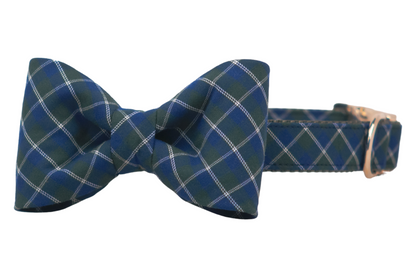 A green and navy blue plaid dog collar with a matching attached bow tie. The bow tie is centered and neatly shaped, while the collar includes a metal buckle and loop on the right side.
