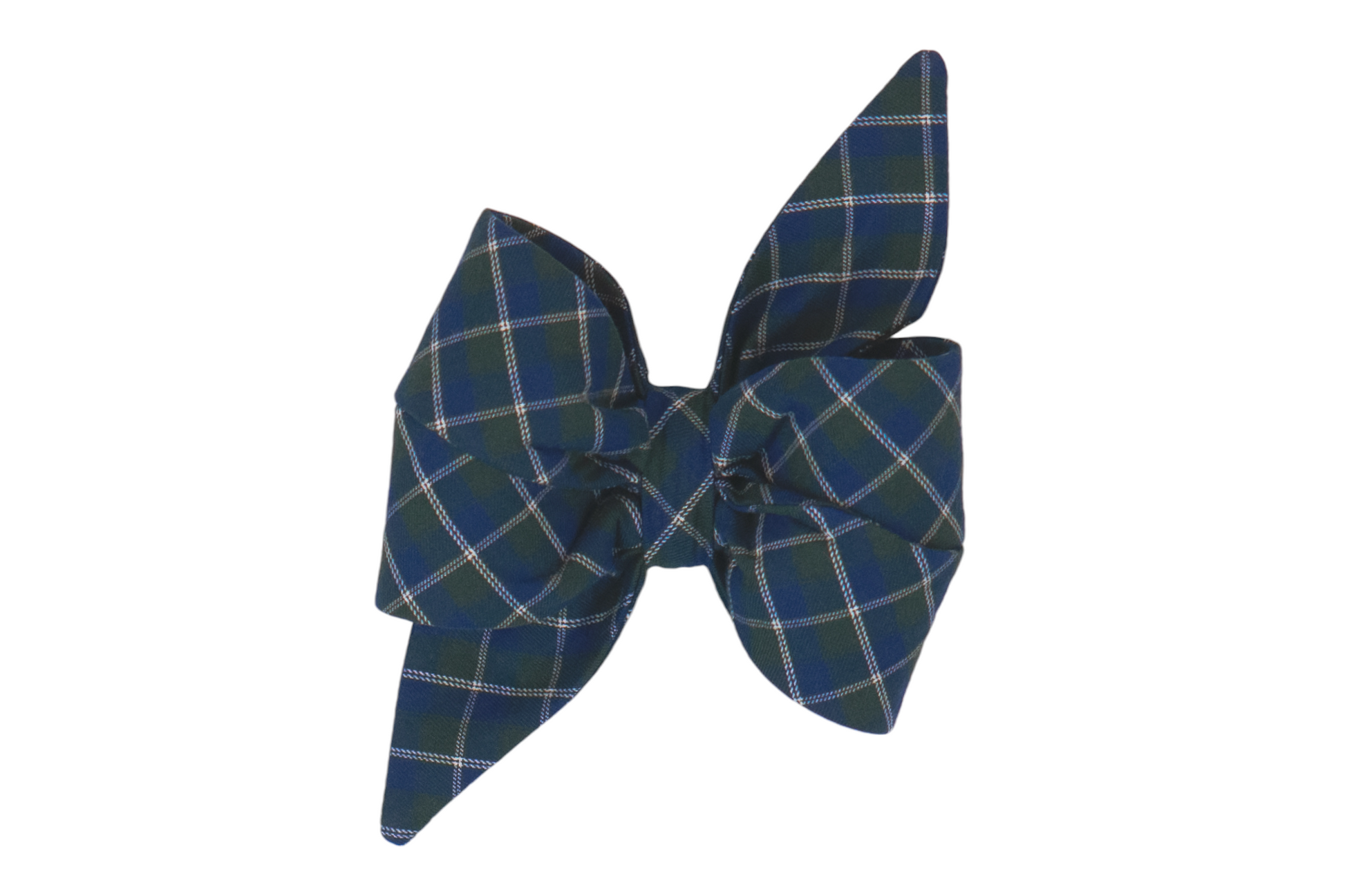 Handmade tartan plaid belle bow for girl dogs, featuring deep navy and forest green hues, ideal for formal occasions or everyday wear.