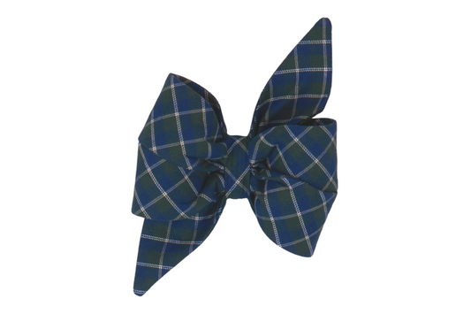 Handmade tartan plaid belle bow for girl dogs, featuring deep navy and forest green hues, ideal for formal occasions or everyday wear.