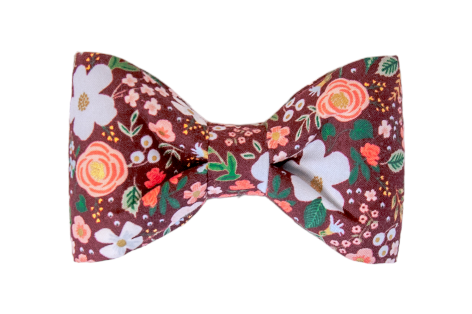 Classic bow tie made of cotton in a rich burgundy hue, covered with a colorful arrangement of flowers and leaves, tied with crisp folds for a polished look. The perfect addition for your dogs fall wardrobe. 