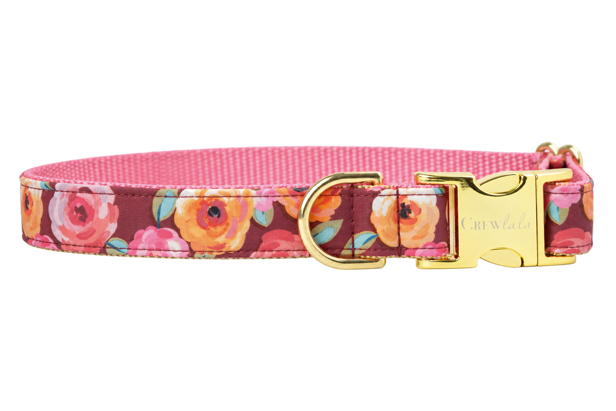 Plain Briar Rose dog collar without the bow, made with a dusty mauve print with large painterly pink and orange roses and green leaves, lined with pink nylon webbing and gold hardware with a Crewlala logo buckle.