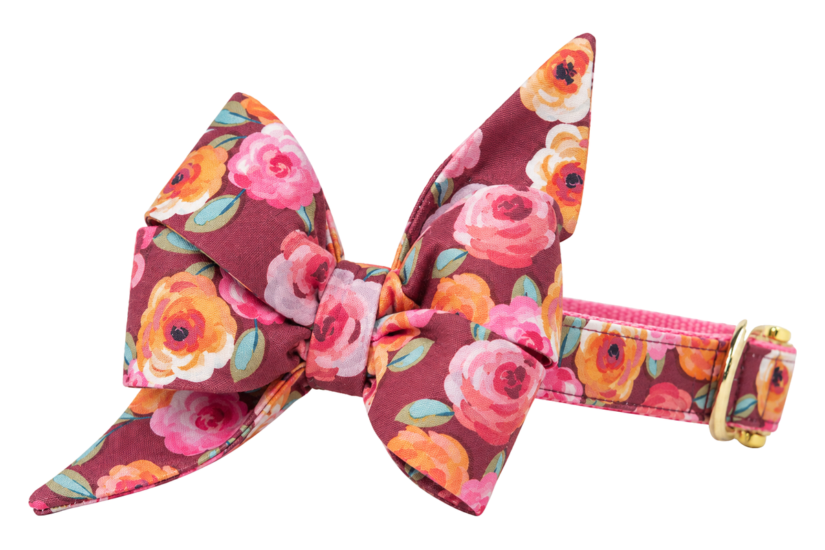 Dog collar featuring a large belle bow in Briar Rose fabric, a dusty mauve print with large painterly pink and orange roses and green leaves, attached to a matching Briar Rose collar with a nylon inner lining and gleaming gold hardware, including a D-ring and buckle.
