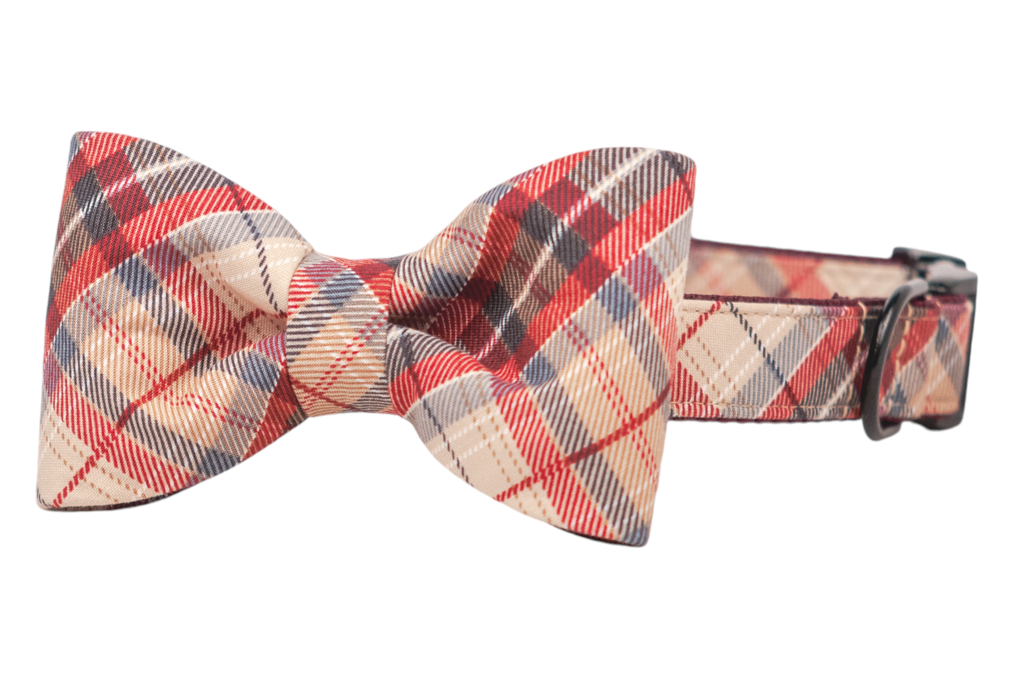 A classic dog collar and bow tie set in a rustic plaid pattern in cozy tones. The structured bow tie is attached onto the collar for a polished, timeless look. Handmade in Charleston, SC.