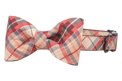 A classic dog collar and bow tie set in a rustic plaid pattern in cozy tones. The structured bow tie is attached onto the collar for a polished, timeless look. Handmade in Charleston, SC.