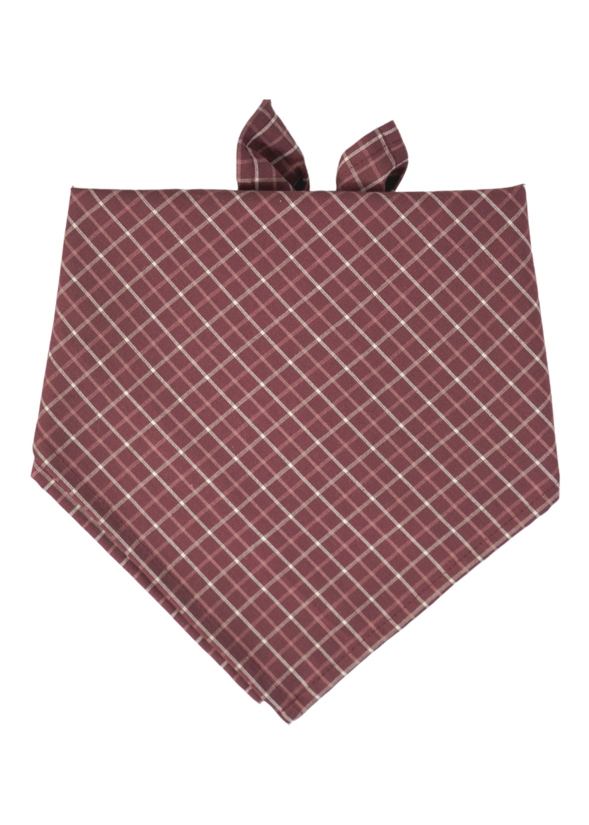 Dog bandana in burgundy fabric with a soft plaid pattern, perfect for fall. The bandana features two tie-up flaps at the top for secure wear.