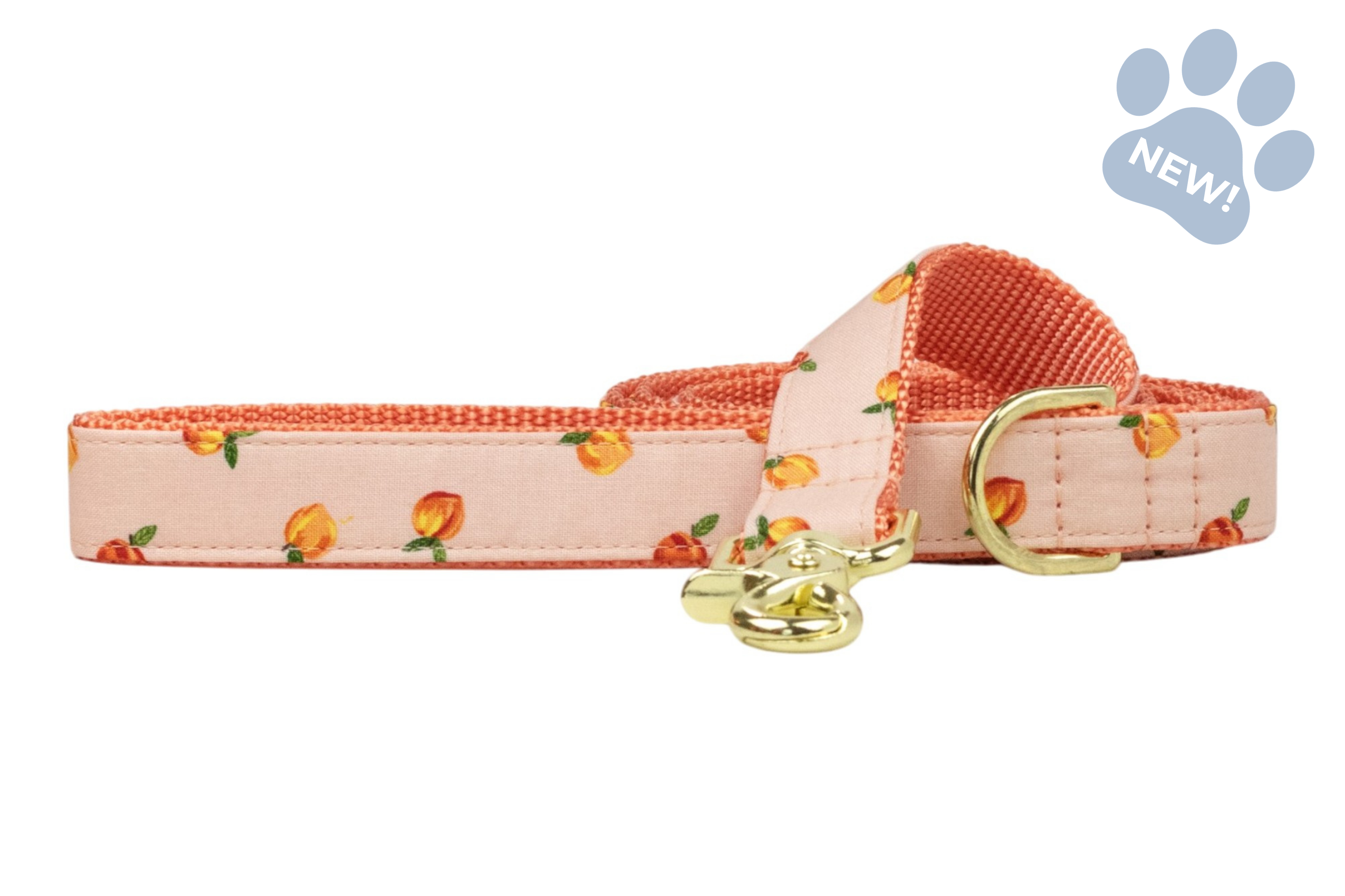 Peach-print dog leash featuring a pale peach fabric with scattered peach illustrations, coral webbing, and a gold-tone swivel clasp and D-ring.