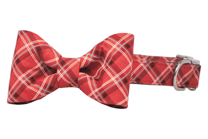 A red plaid bow tie attached to a matching adjustable collar, featuring a tartan pattern. The collar includes a D-ring for leash attachment and a sturdy metal buckle. Handmade in Charleston, SC.