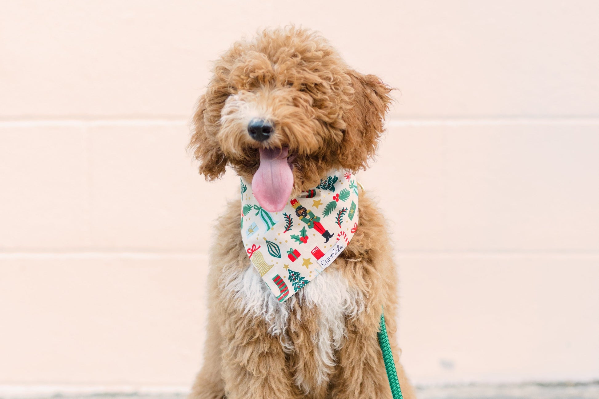 Curly-haired dog sits happily with its tongue out, wearing a holiday bandana decorated with a playful Christmas pattern on cream fabric. The design includes red and green nutcrackers, stockings, presents, holly, ornaments, and trees.