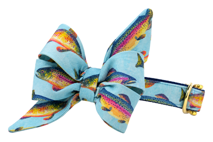 Dog collar featuring a large belle bow in Colorful Catch fabric, a light aqua blue print with painted rainbow trout fish in orange, yellow and green, attached to a matching Colorful Catch collar with a nylon inner lining and gleaming gold hardware, including a D-ring and buckle.