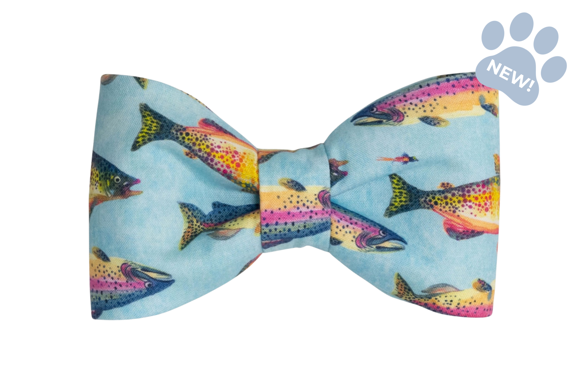 Colorful dog bow tie with a rainbow trout print on pale blue fabric, featuring vibrant fish with pink and yellow stripes.