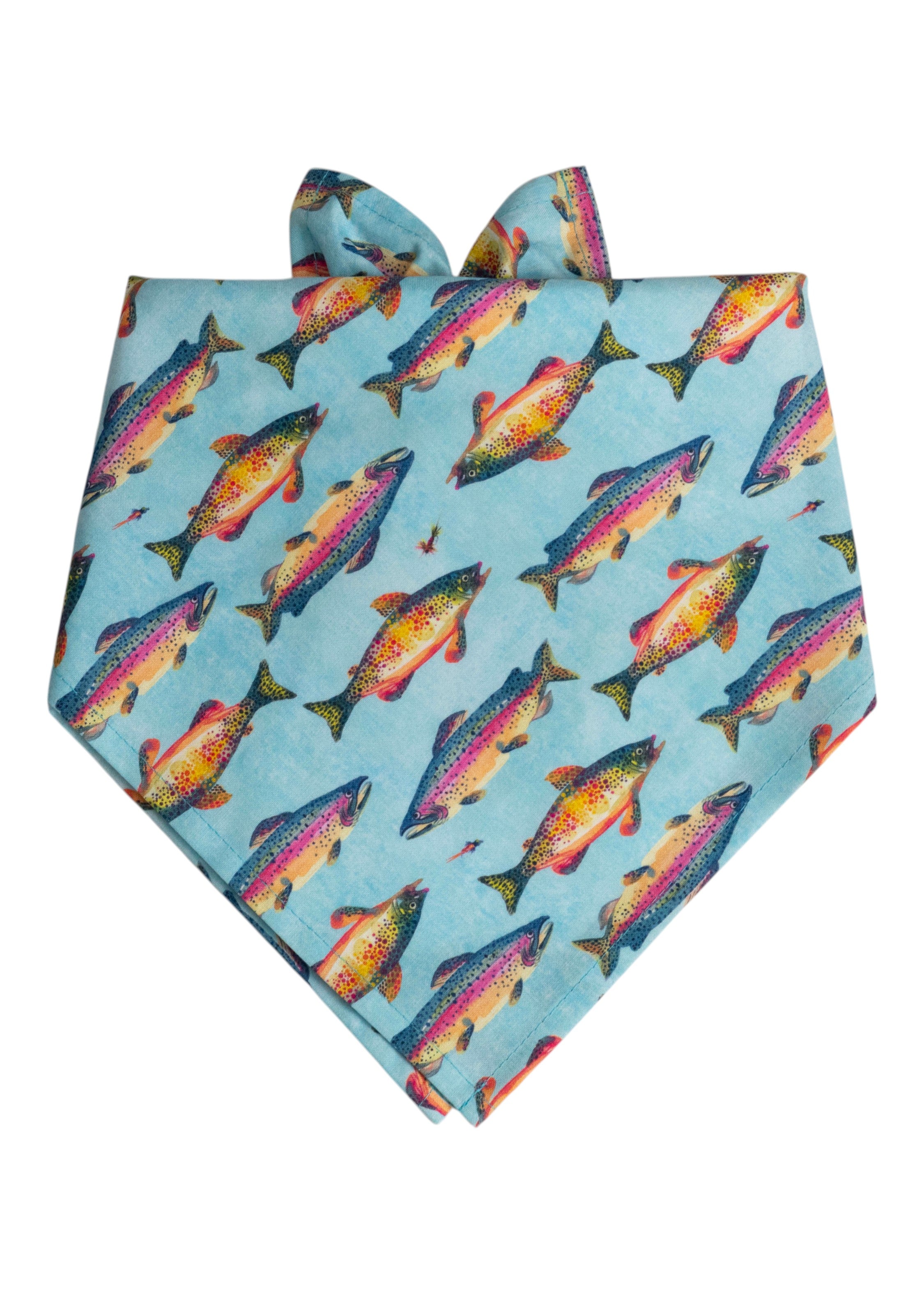 Blue dog bandana with a repeating pattern of multicolored trout in bold, vivid hues.