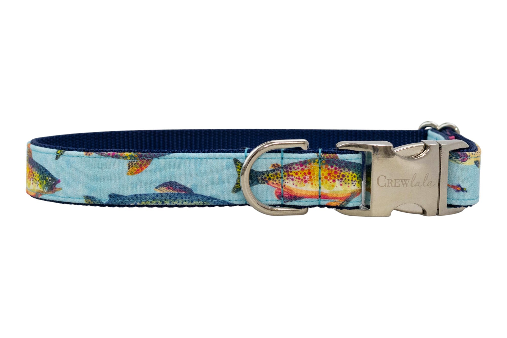 Light blue dog collar featuring colorful rainbow trout illustrations, finished with a silver buckle and metal D-ring.