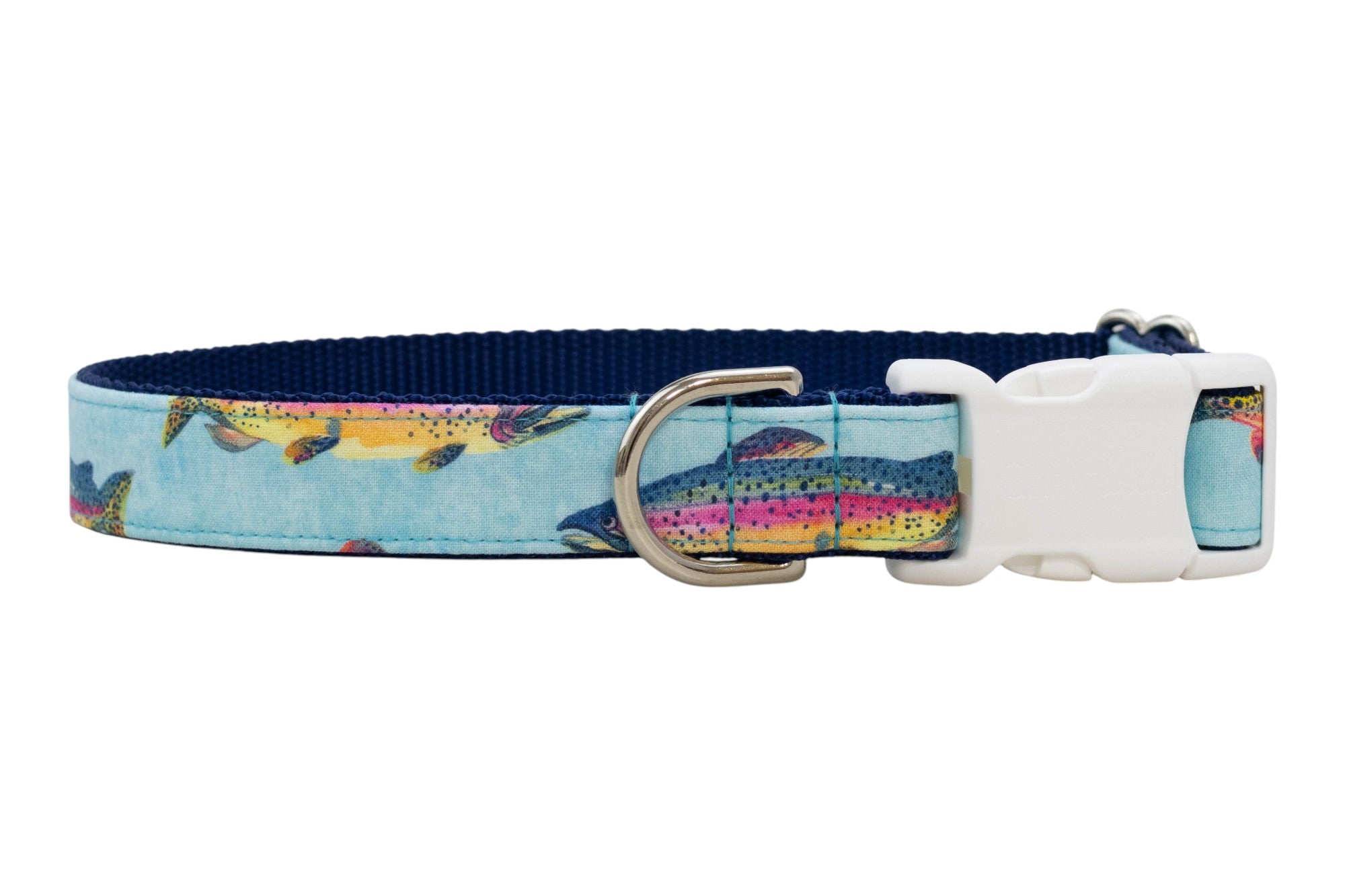 Light blue dog collar featuring colorful rainbow trout illustrations, finished with a white buckle and metal D-ring.