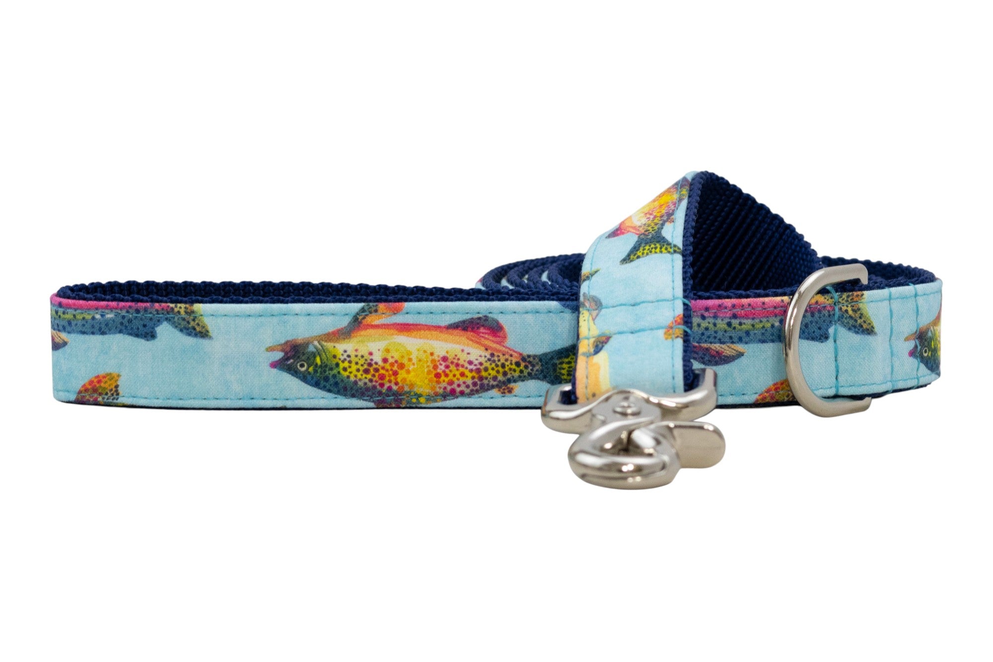 Light blue dog leash with colorful fish pattern and dark blue padded underside, featuring a silver clasp and D-ring.