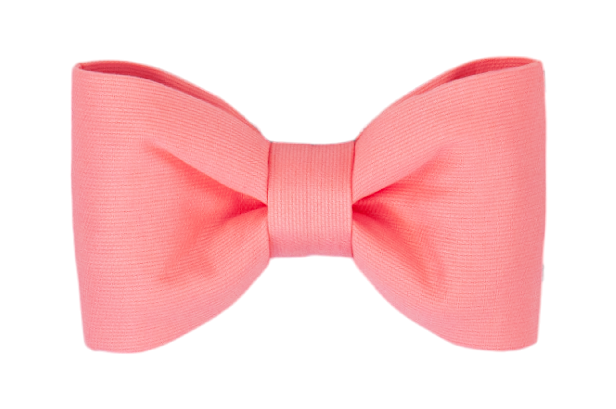 A solid coral fabric dog bow tie with a smooth, slightly ribbed texture and a classic symmetrical shape. The bow tie is neatly cinched at the center.
