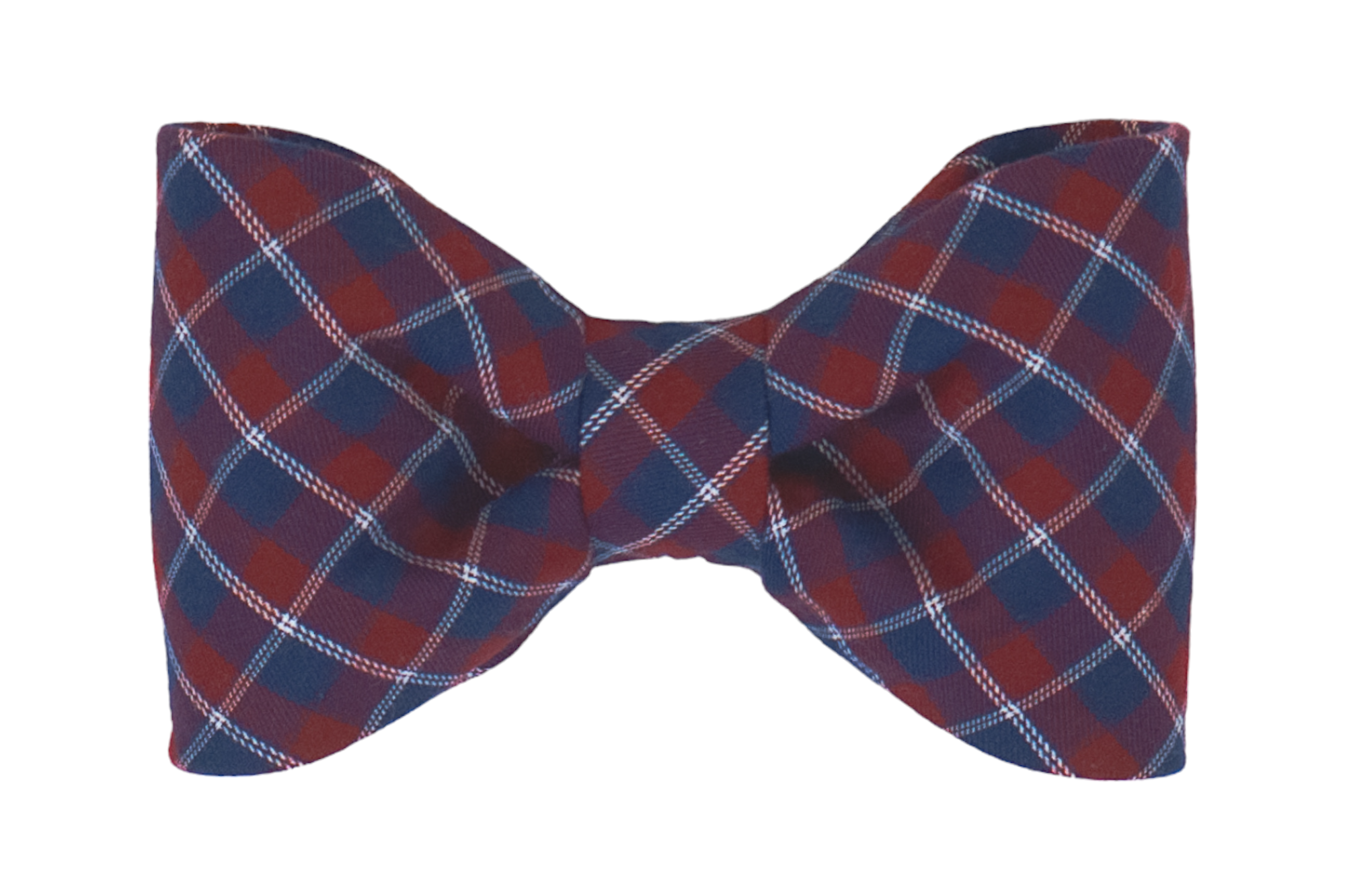 Handmade dog bow tie in red and navy plaid, perfect for Fall outings and special occasions.