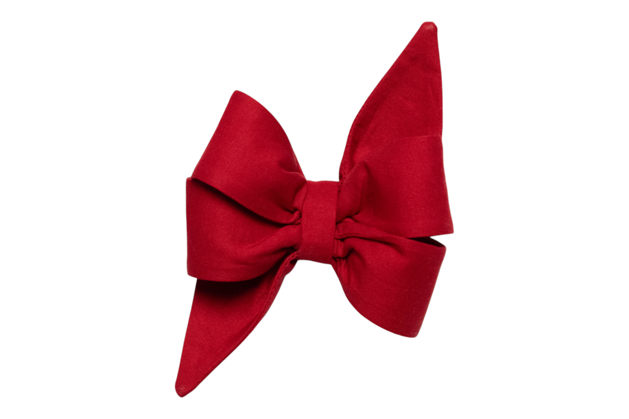 A large, red bow designed for your stylish pup, made from soft fabric and tied in an elegant shape with long, pointed tails. The belle bow has a slightly gathered center and flared loops for a more feminine, dressy look.