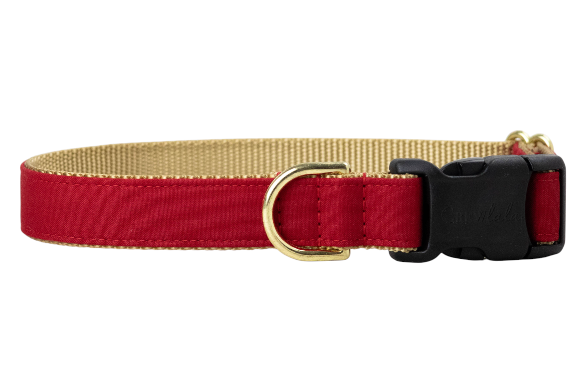 Elegant dog collar featuring a bold red fabric exterior and nylon webbing interior, finished with a buckle engraved with “Crewlala” and a metal D-ring for leash attachment.