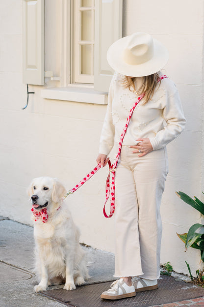 Retriever wearing a pink belle bow collar set printed with hearts and Cupid’s arrows, paired with a matching leash held by a woman dressed in neutral tones.
