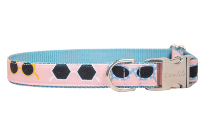 Pink dog collar with a whimsical sunglasses pattern—featuring black heart-shaped and daisy-style frames—stitched onto a sturdy blue woven base. The design includes a polished silver buckle and D-ring, combining fashion with function.