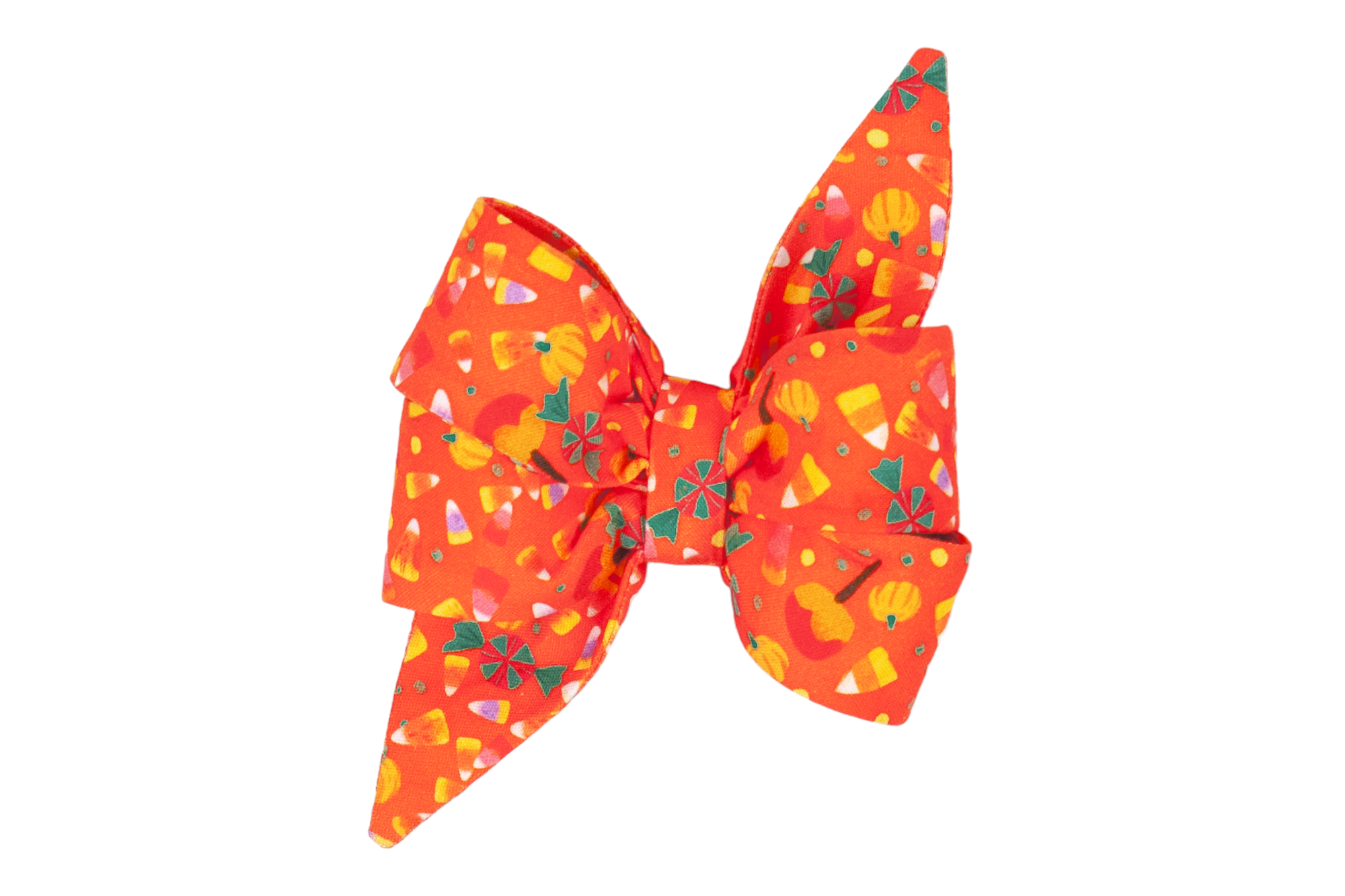 Bright orange dog belle bow with a fun Halloween design featuring colorful candy corn, tiny pumpkins, peppermint candies, and caramel apple illustrations. The oversized belle bow is double-layered with pointed tails, giving it a whimsical, festive flair ideal for dog costumes or fall photo ops.