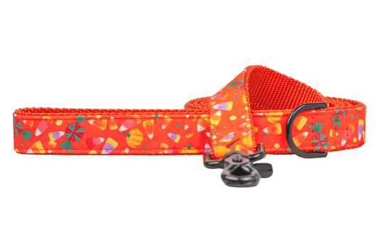 A vibrant orange dog leash made of durable woven fabric, decorated with a playful pattern of Halloween-themed treats including candy corn, round candies, and small orange pumpkins with stems. The leash features reinforced stitching, a nylon webbing underside for comfort, a sturdy metal clasp and a matching D-ring for additional accessories.