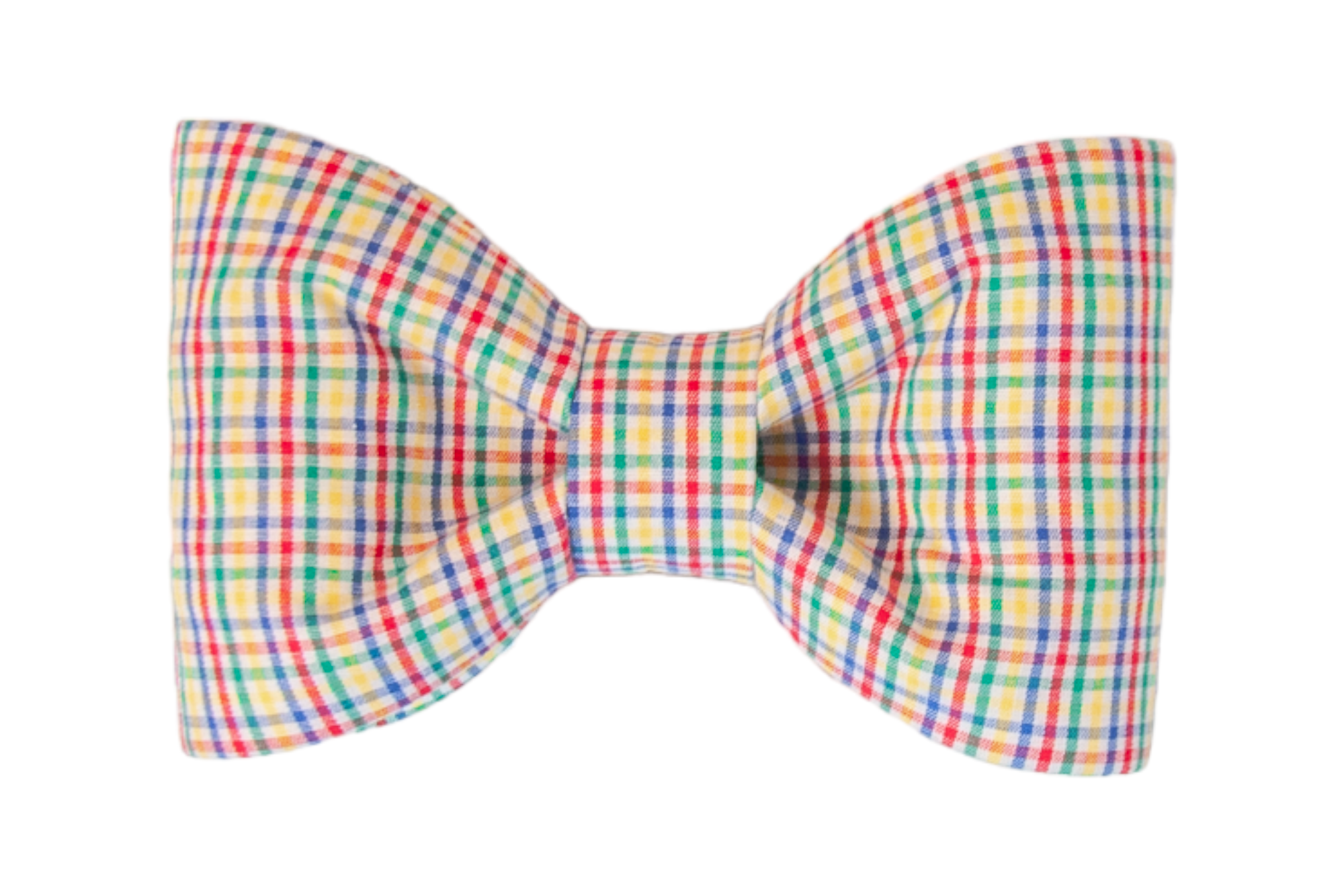 A standalone fabric bow tie in a colorful plaid pattern. The bow tie is symmetrical and neatly pleated, with a structured center knot and softly curved edges, the perfect addition for your dapper pups wardrobe!