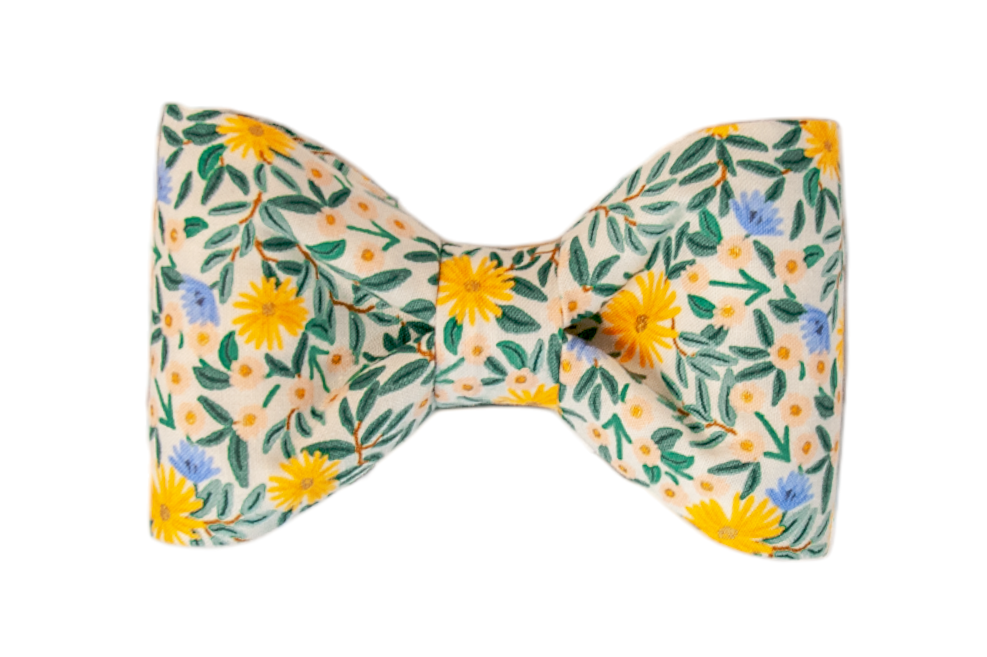 Light-colored dog bow tie featuring a cheerful floral pattern of golden-yellow flowers, scattered blooms, and dense leaves, shaped with crisp folds and a central knot for a classic look.