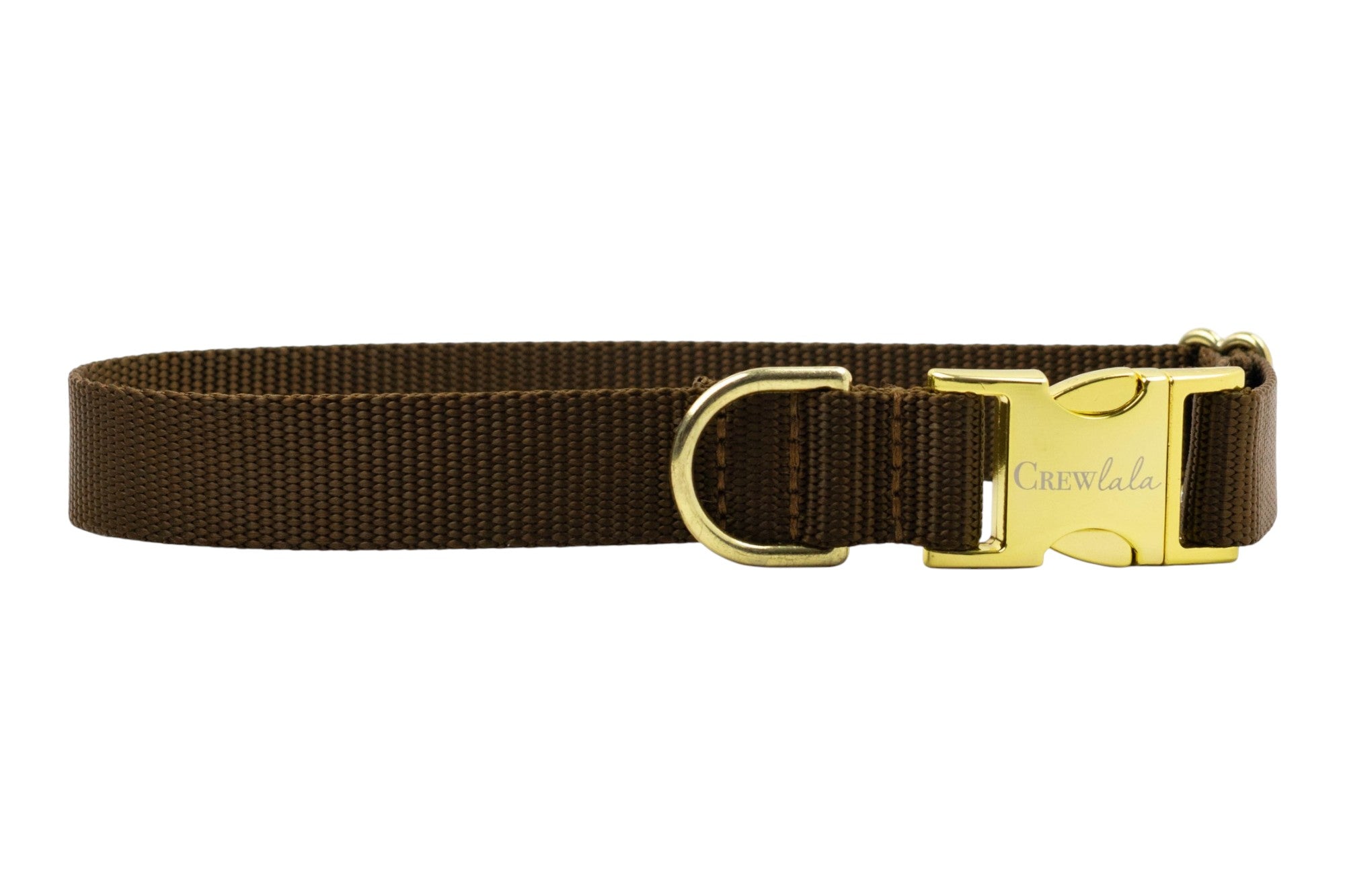 Solid brown dog collar made from durable woven material, featuring a gold buckle and D-ring.
