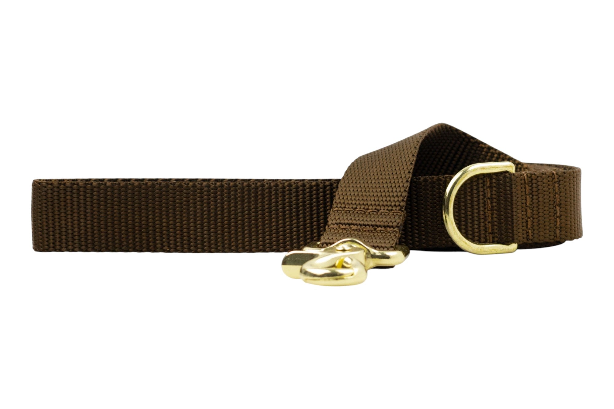 Solid brown dog leash made of durable woven material, featuring a gold clasp and matching loop handle.