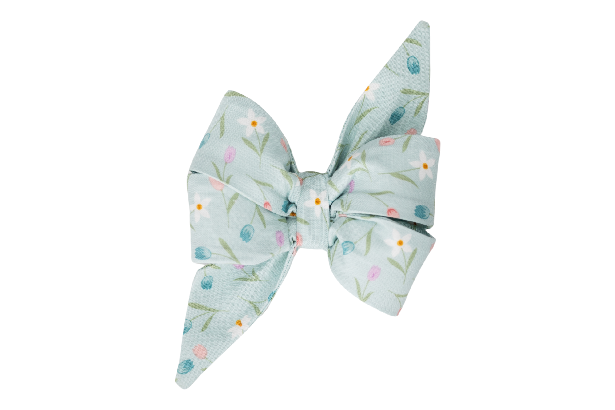 Delicate and charming girl dog belle bow featuring pastel tulips and daffodils on a soft blue background—perfect for spring strolls or Easter photos.