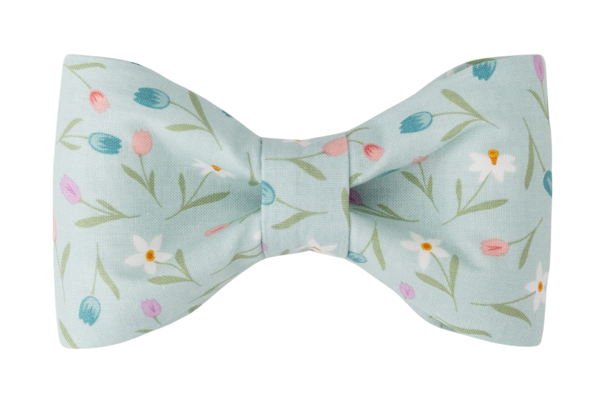 Delicate and charming dog bow tie featuring pastel tulips and daffodils on a soft blue background—perfect for spring strolls or Easter photos.