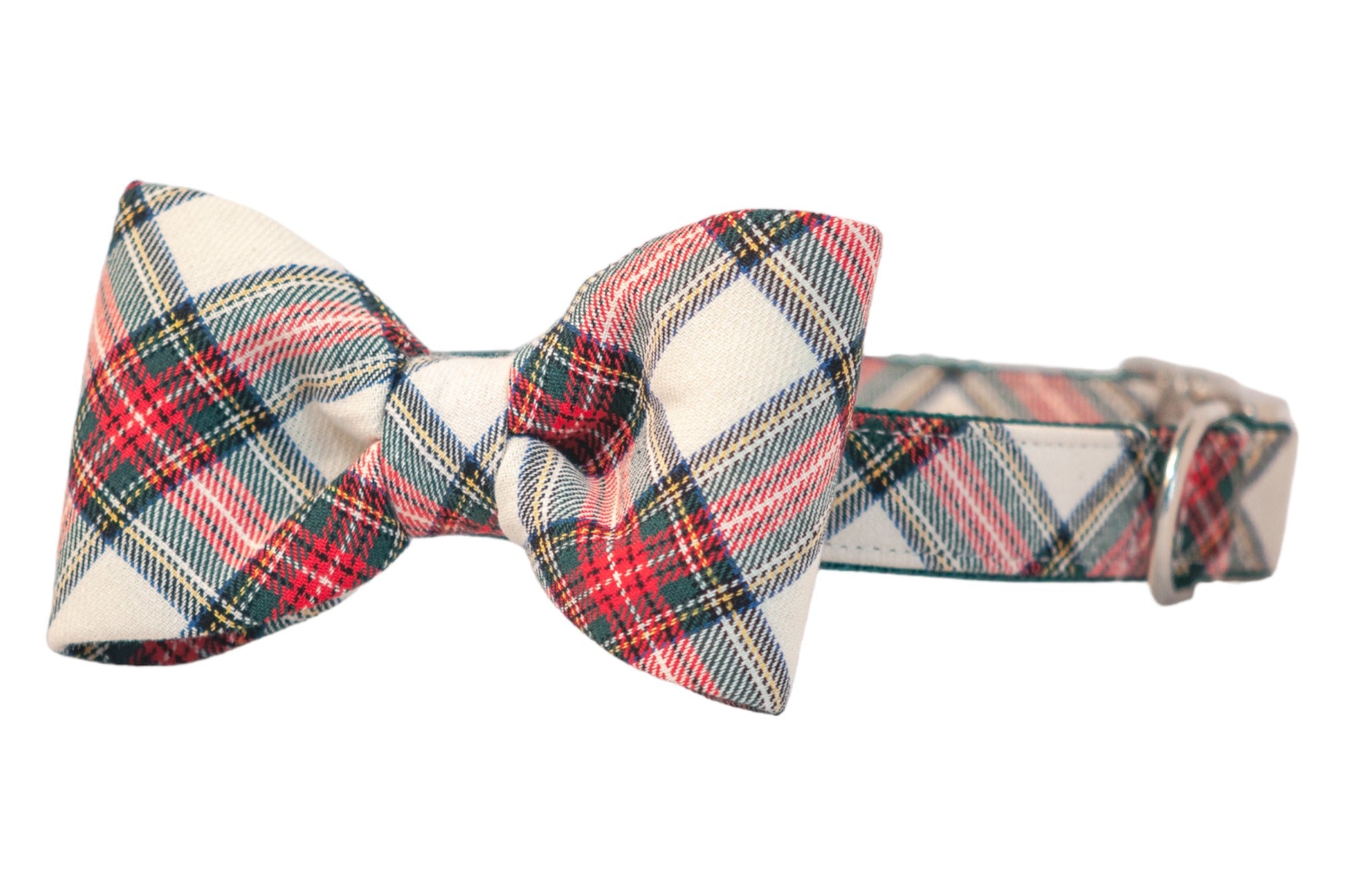 The ultimate dapper dog look—this classic plaid bow tie collar features festive red and holiday hues, stitched onto a soft nylon band with a secure metal buckle for fashion that fits.